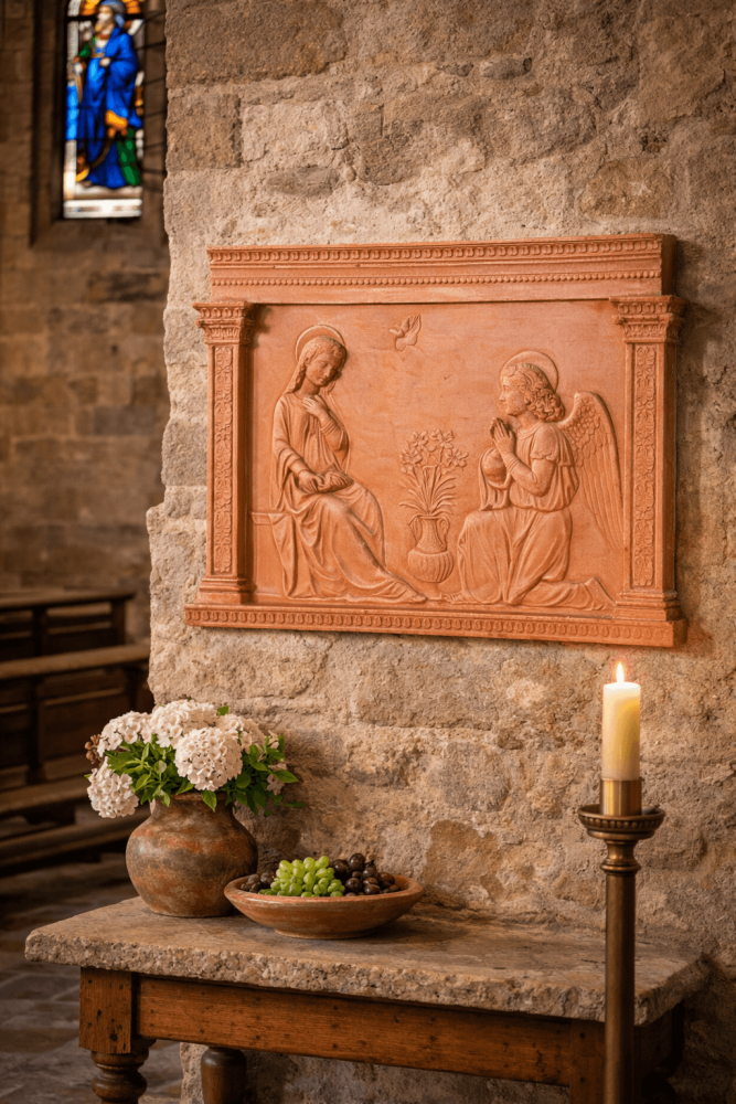 Relief en terre cuite Annonciation – sculpture murale religieuse en terracotta d’Impruneta